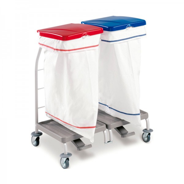Chariot pour linge sale avec couvercle et pédale : Équipé de deux sacs de 70 litres Chariot pour linge sale avec couvercle et pédale : Équipé de deux sacs de 70 litres